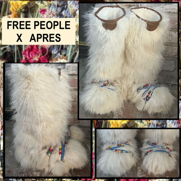 Free People Boho Apres All Day Beaded Boots White Faux Fur  Size 8 - Picture 1 of 12